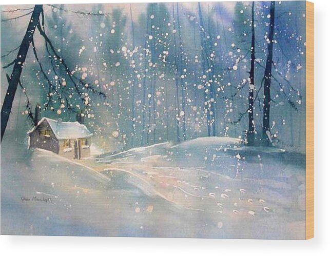 Watercolour Wood Print featuring the painting Cottage in the Snow by Glenn Marshall