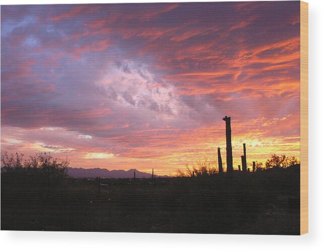 Cactus Wood Print featuring the photograph Dramatic Arizona Sunset by Dina Calvarese