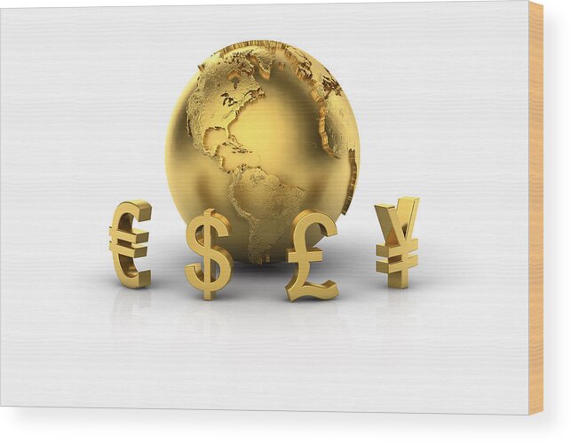 Horizontal Wood Print featuring the digital art Euro, Dollar, Pound And Yen With Golden Globe by Bjorn Holland