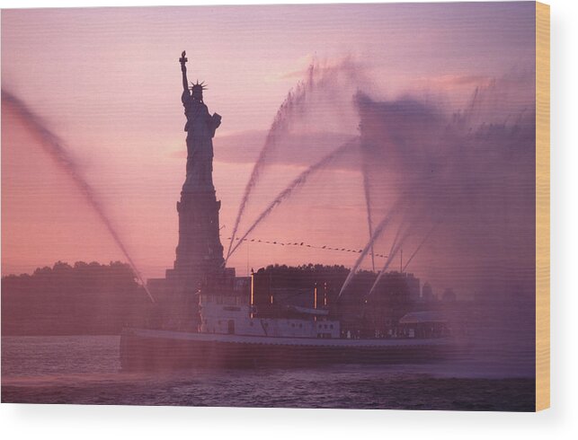 Fireboat Display Wood Print featuring the photograph Fireboat Plumes The Statue of Liberty by Tom Wurl