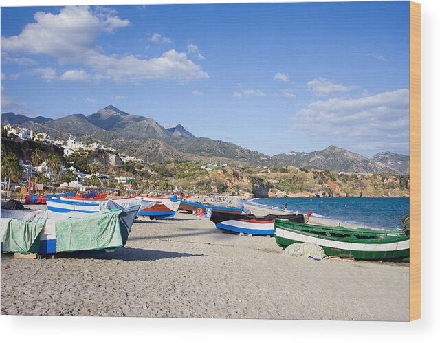 Costa Wood Print featuring the photograph Fishing Boats on a Beach in Spain by Artur Bogacki