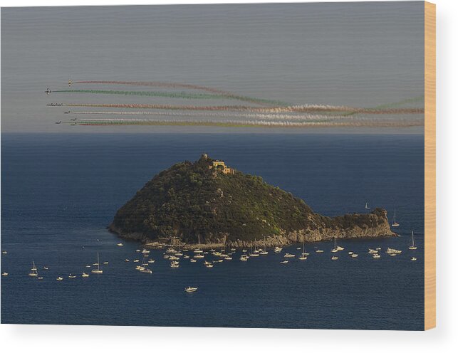 Gallinara Wood Print featuring the photograph GALLINARA ISLAND and colored air show by Enrico Pelos