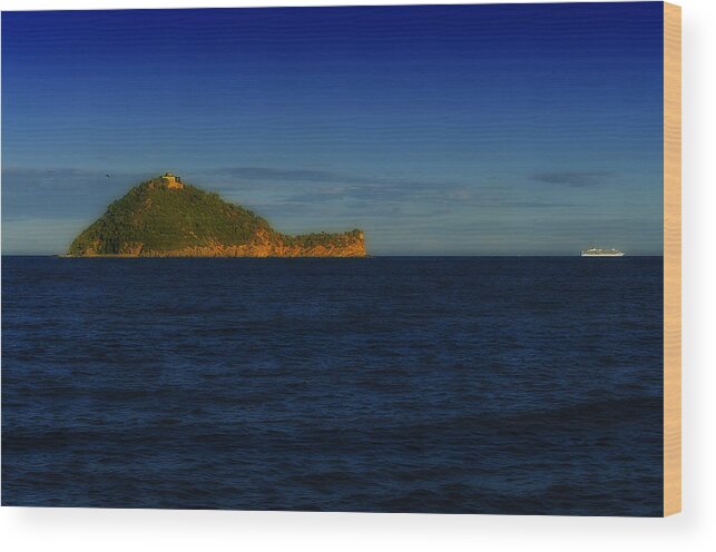 Gallinara Wood Print featuring the photograph GALLINARA ISLAND with Cruise liner by Enrico Pelos
