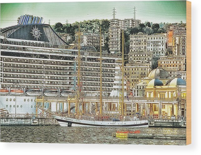 Genova Wood Print featuring the photograph GENOVA Cruising and sailing ships and buildings landscape by Enrico Pelos