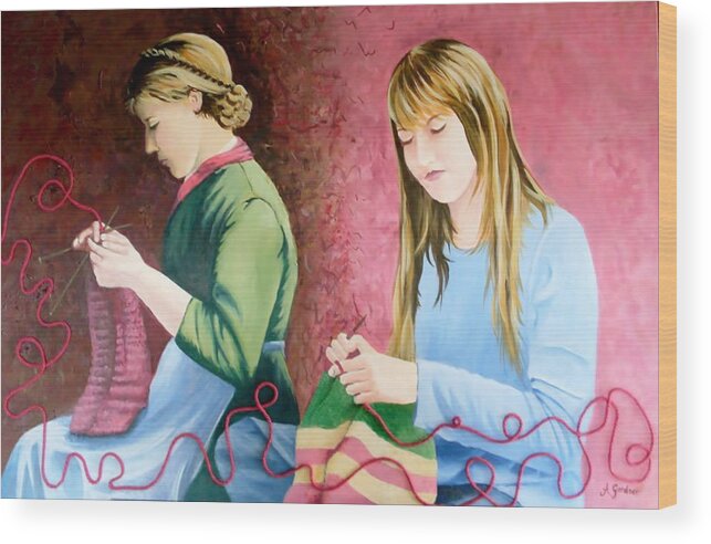 Acrylic Wood Print featuring the painting Girls knitting by Anne Gardner