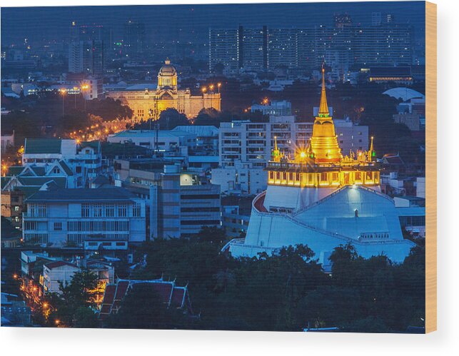Bangkok Wood Print featuring the photograph Golden Temple Bangkok Night by Arthit Somsakul