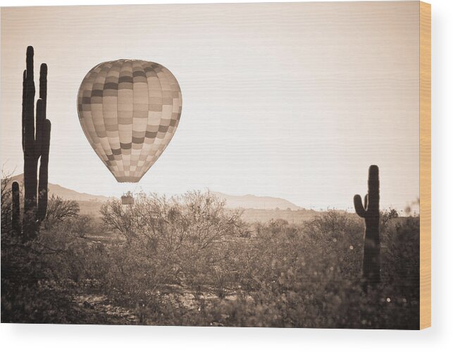 Arizona Wood Print featuring the photograph Hot Air Balloon On the Arizona Sonoran Desert In BW by James BO Insogna