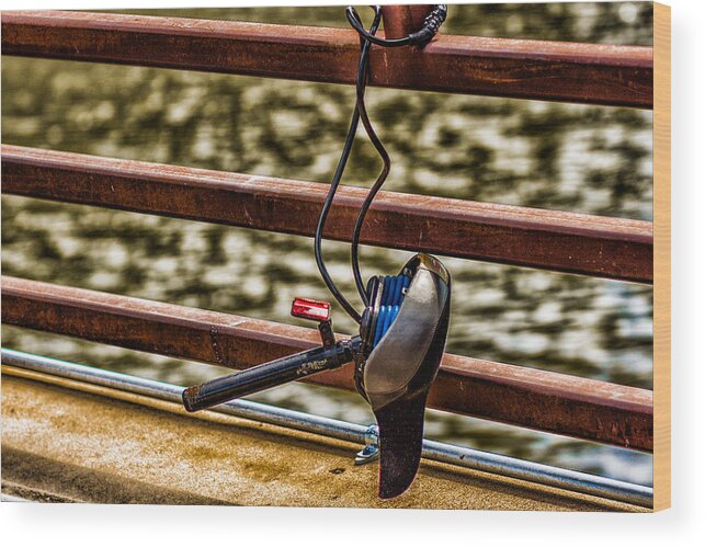 Bicycle Bike Lock Bridge Fail River Water Lake Ocean Cement Orange Green Blue Wood Print featuring the photograph How Not To Lock Your Bike by Tom Gort