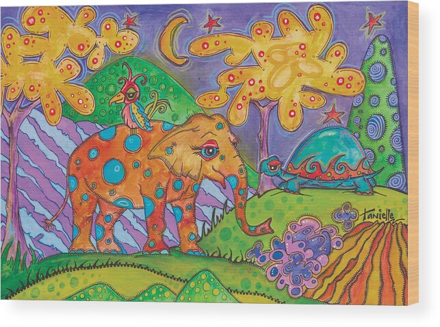 Whimsical Landscape Wood Print featuring the painting Jungle Friends by Tanielle Childers