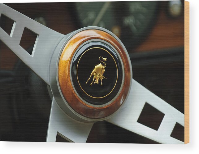 Lamborghini Wood Print featuring the photograph Lamborghini Steering Wheel Emblem by Jill Reger