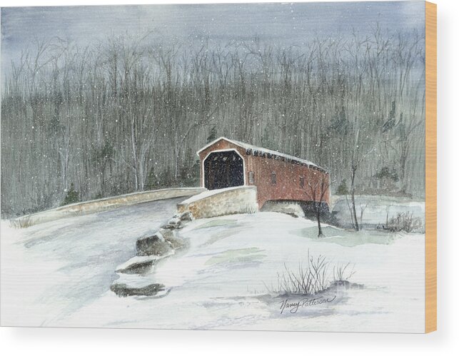 Covered Bridge Wood Print featuring the painting Lancaster County Covered Bridge in the Snow by Nancy Patterson