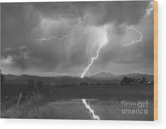 Awesome Wood Print featuring the photograph Lightning Striking Longs Peak Foothills 2BW by James BO Insogna