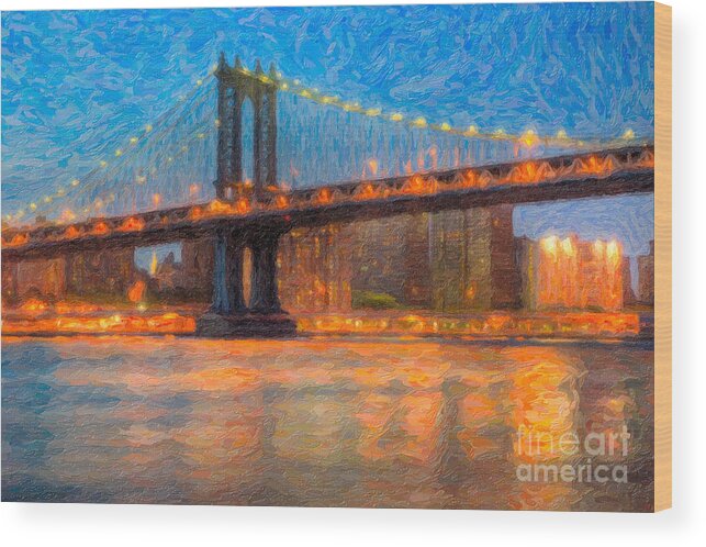 Clarence Holmes Wood Print featuring the photograph Manhattan Bridge Twilight Impasto by Clarence Holmes