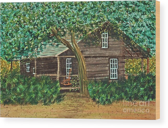 Landscape Wood Print featuring the painting McMullen-Coachman Log House by Terri Mills