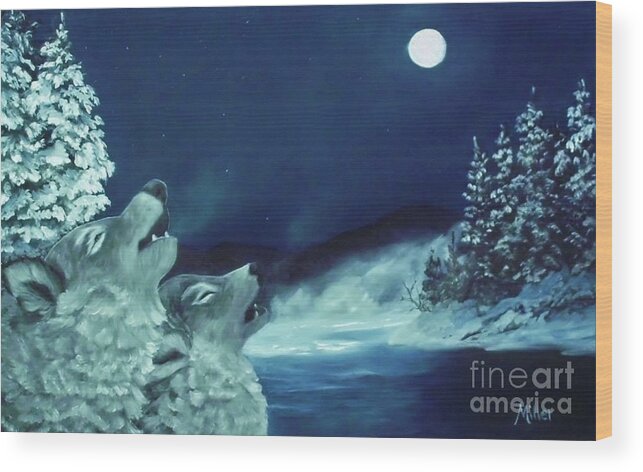 Wolves Winter Moonlight Snow Cold Blue Wood Print featuring the painting Moonlight Serenade by Peggy Miller