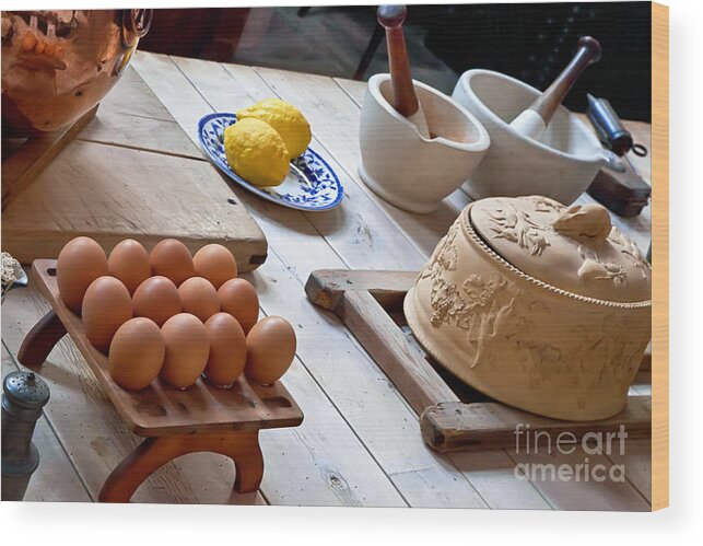 Kitchen Wood Print featuring the photograph Old manor house kitchen and food by Simon Bratt