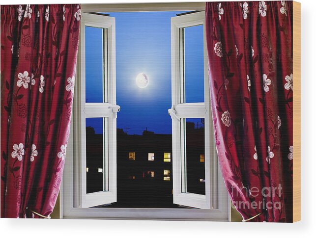Night Wood Print featuring the photograph Open window at night by Simon Bratt