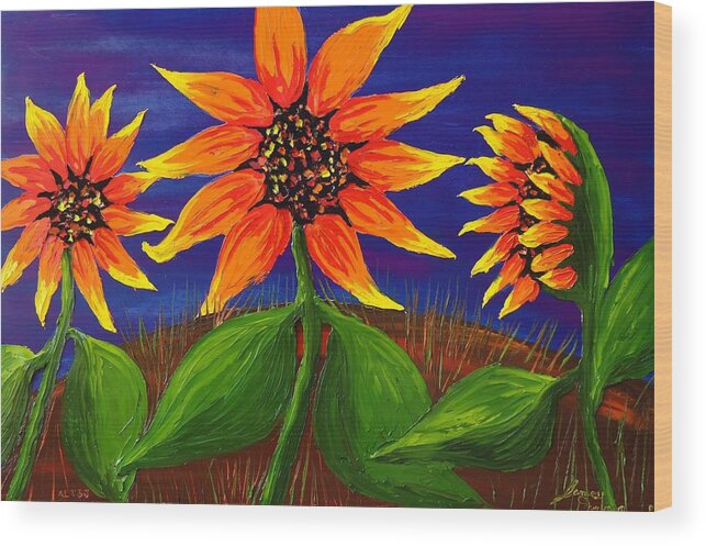  Wood Print featuring the painting Orange Sunflowers Blue Sky by James Dunbar
