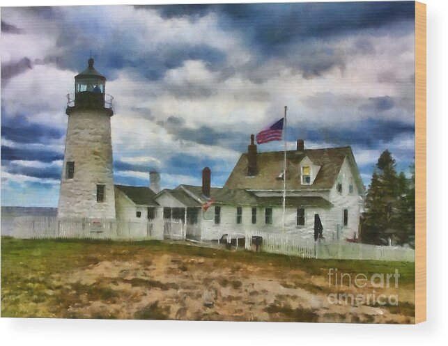 Lighthouse Painting Wood Print featuring the digital art Pemaquid Point Lighthouse in Maine by Mary Warner