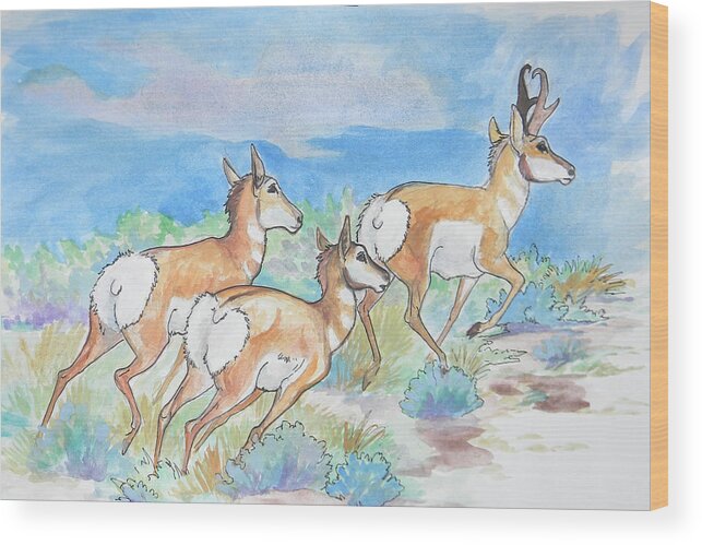 Pronghorn Wood Print featuring the painting Prongs by Jenn Cunningham