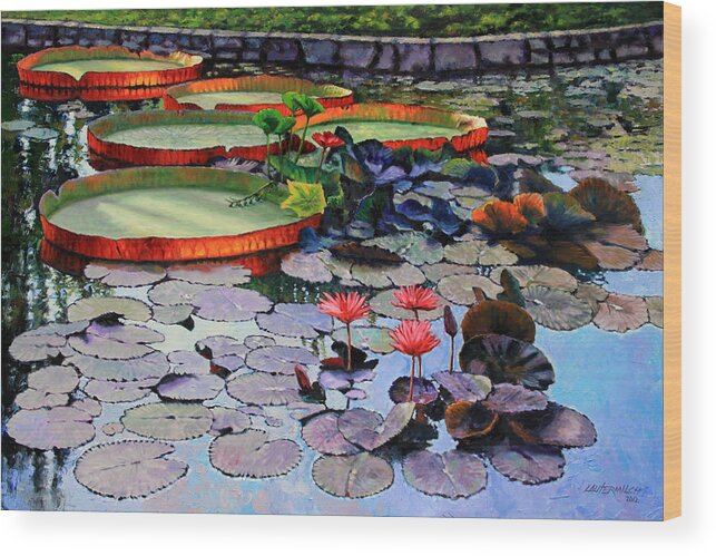 Garden Pond Wood Print featuring the painting Quiet Moments by John Lautermilch