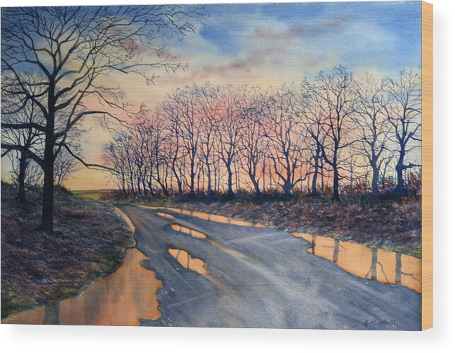 Watercolour Wood Print featuring the painting Red Sky on the Road from Sledmere by Glenn Marshall