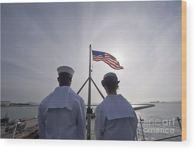 Operation Enduring Freedom Wood Print featuring the photograph Sailors Stand By To Lower The Ensign by Stocktrek Images