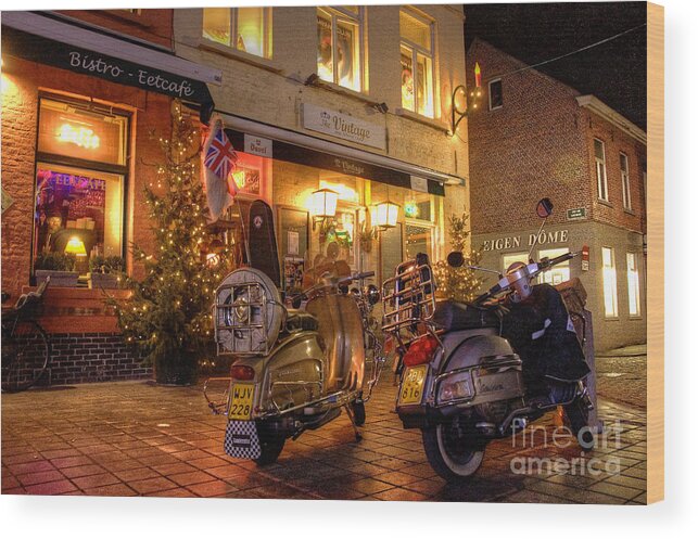 Vespa Wood Print featuring the photograph Scooters at the Bistro by Rob Hawkins