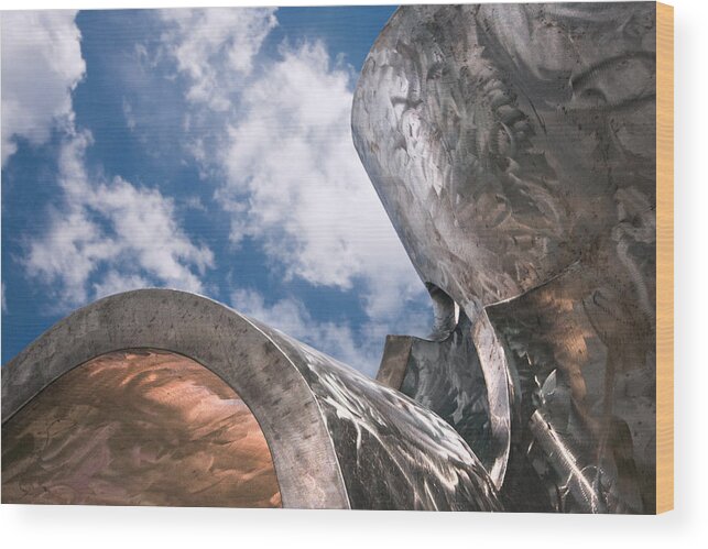 Mayo Park Rochester Minnesota Metal Sculpture Sky Clouds Blue White Silver Shine Shiny Wood Print featuring the photograph Sculpture and Sky by Tom Gort