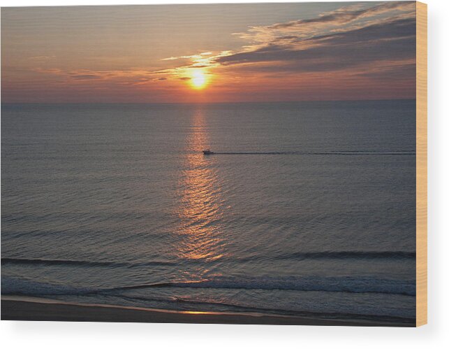 Sunrise Wood Print featuring the photograph Ship crossing the sunrise by Kelley Nelson
