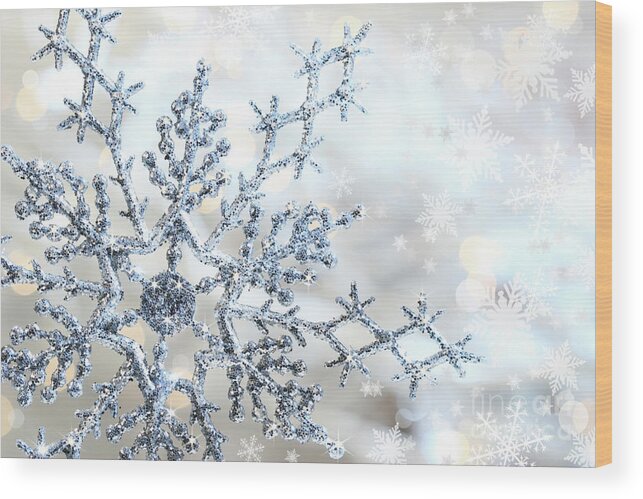 Background Wood Print featuring the photograph Silver blue snowflake by Sandra Cunningham