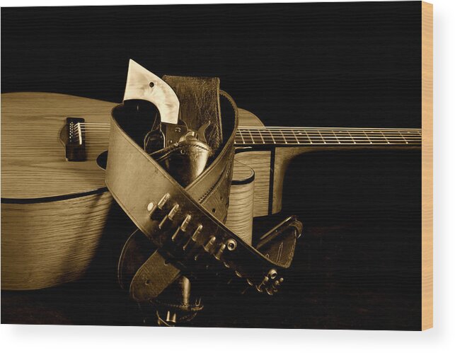 Guitar Wood Print featuring the photograph Six Gun in Holster and Guitar by M K Miller