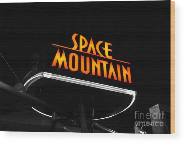 Disney World Wood Print featuring the photograph Space Mountain Sign Magic Kingdom Walt Disney World Prints Color Splash Black and White by Shawn O'Brien