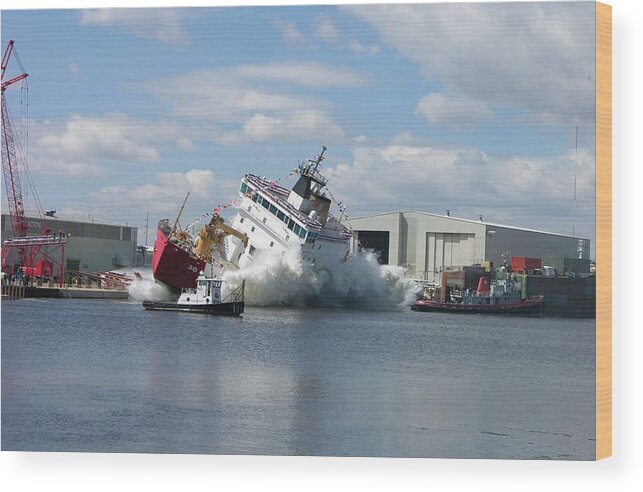 Mackinaw Wood Print featuring the photograph Splash launch of the Coast Guard Cutter Mackinaw by Keith Stokes