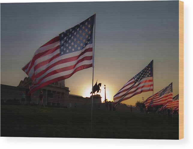 911 Fireman Memorial Art Hill Museu 9/11 2001 9/11/2001  9/11/11 Nine Eleven St Louis Art Museum Statue Flags Flag Dusk Sky Art Hill Forest Park Remember Remembers Nyc New York Usa Terrorist Terrorists Attack Victims Wood Print featuring the photograph St Louis Remembers 9 11 by David Coblitz