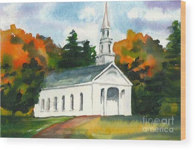 Fall Wood Print featuring the painting Sudbury Chapel in Fall II by Lynn Babineau