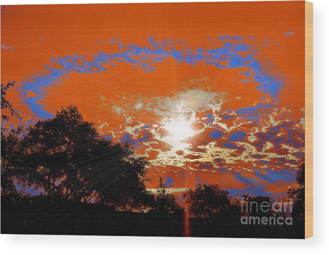 Sun Light Breakthrough Rays Clouds Sky Abstract Contrast Trees Blue Orange Bright White Red Photo Sunray Sunburst Nature Wood Print featuring the photograph Sunburst by RJ Aguilar