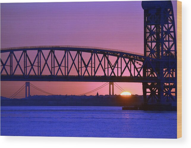 Sunset Wood Print featuring the photograph Sunset Verrazano Under Marine Park Bridge by Maureen E Ritter