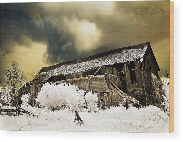 Old Barn Wood Print featuring the photograph Surreal Infrared Barn Scene With Stormy Sky by Kathy Fornal