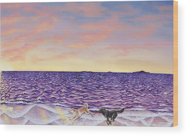 Beach Dogs Sunset Ocean Sea Tide Sundown Clouds Sky Play Running Sand Pets Animals Wood Print featuring the painting The Beach by Beth Davies