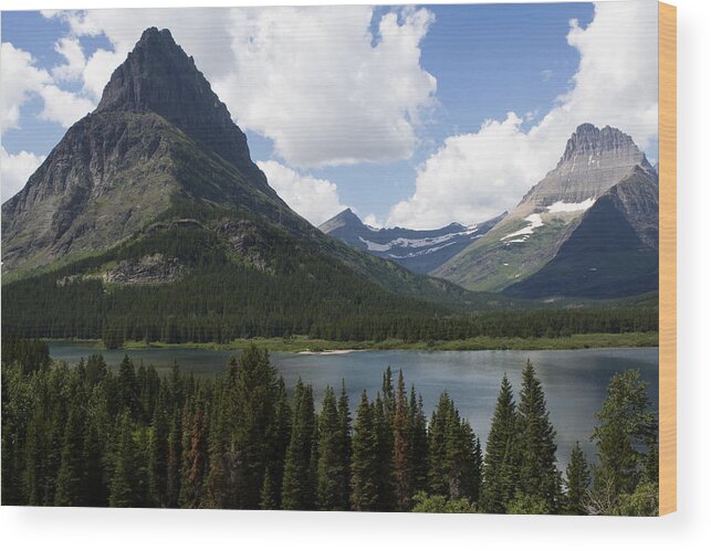 Swiftcurrent Lake Wood Print featuring the photograph The Mountains of Many Glacier by Lorraine Devon Wilke