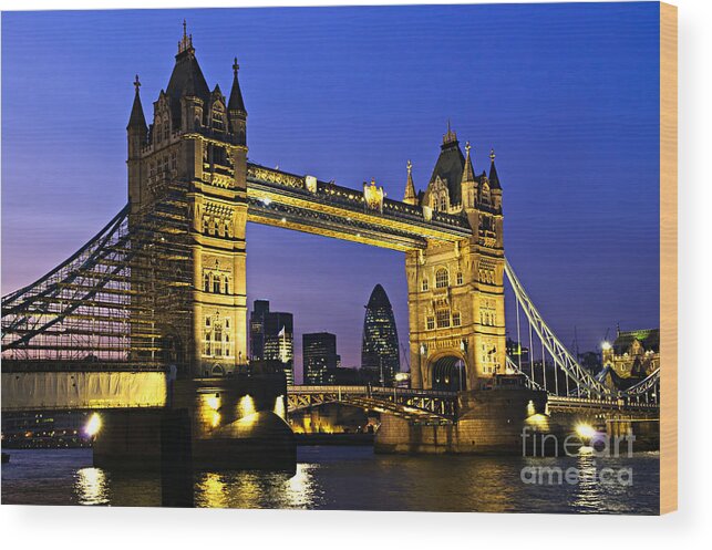 Tower Wood Print featuring the photograph Tower bridge in London at night by Elena Elisseeva