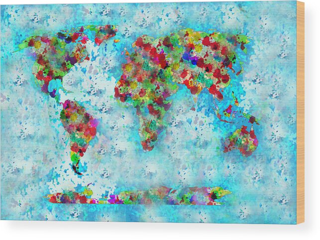 Watercolor Splashes World Map Wood Print featuring the painting Watercolor Splashes World Map by Georgeta Blanaru