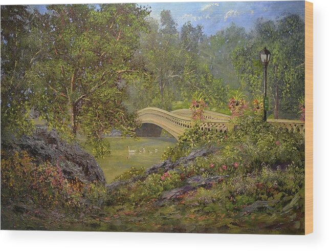 New York City Wood Print featuring the painting Bow Bridge Central Park by Michael Mrozik