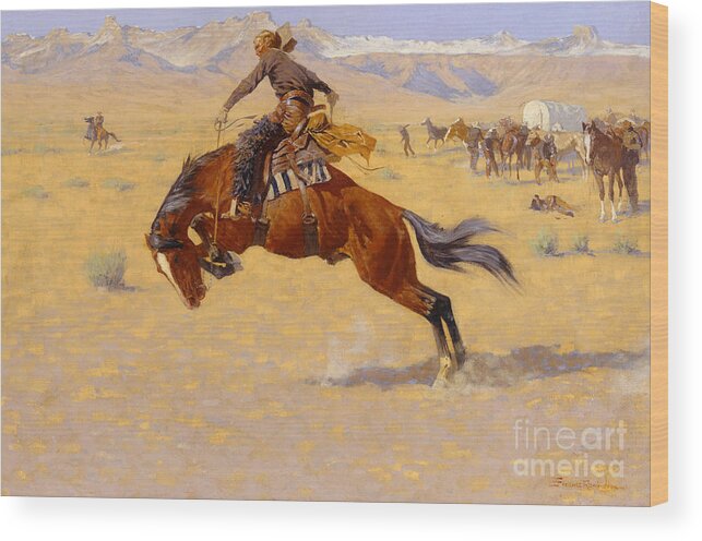 Cowboy; Horse; Pony; Rearing; Bronco; Wild West; Old West; Plain; Plains; American; Landscape; Breaking; Horses; Snow-capped; Mountains; Mountainous Wood Print featuring the painting A Cold Morning on the Range by Frederic Remington