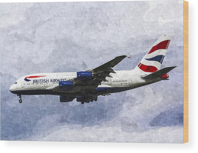 British Airways Watercolour Wood Print featuring the photograph British Airways Airbus A380 Art #4 by David Pyatt