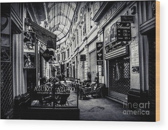 Bucharest Wood Print featuring the drawing Monochrome Bucharest Macca - Vilacrosse Passage by Daliana Pacuraru