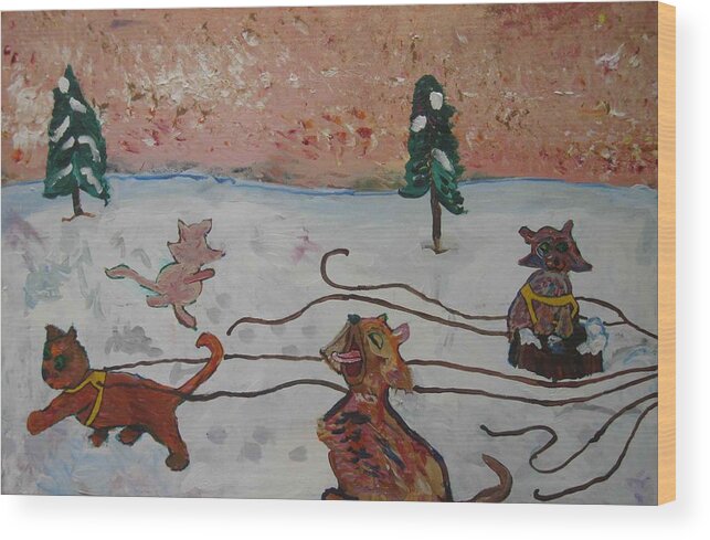 Cats Wood Print featuring the painting Cat Sled Team Left #1 by AJ Brown