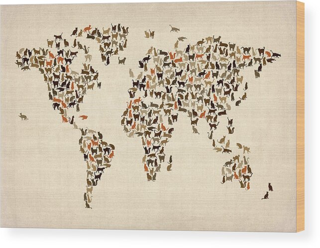 World Map Wood Print featuring the digital art Cats Map of the World Map by Michael Tompsett