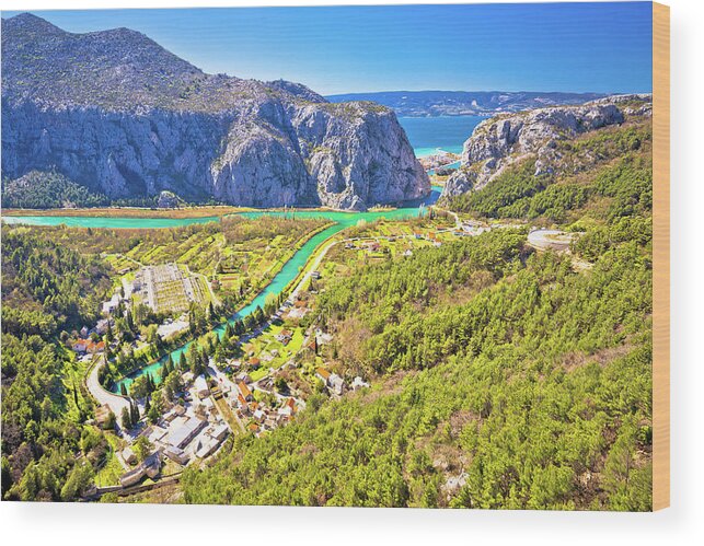 Omis Wood Print featuring the photograph Cetina river canyon and mouth in Omis view from above #1 by Brch Photography
